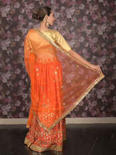 Odette Orange Satin Embroidered Semi Stitched Lehenga With Unstitched Blouse For Women