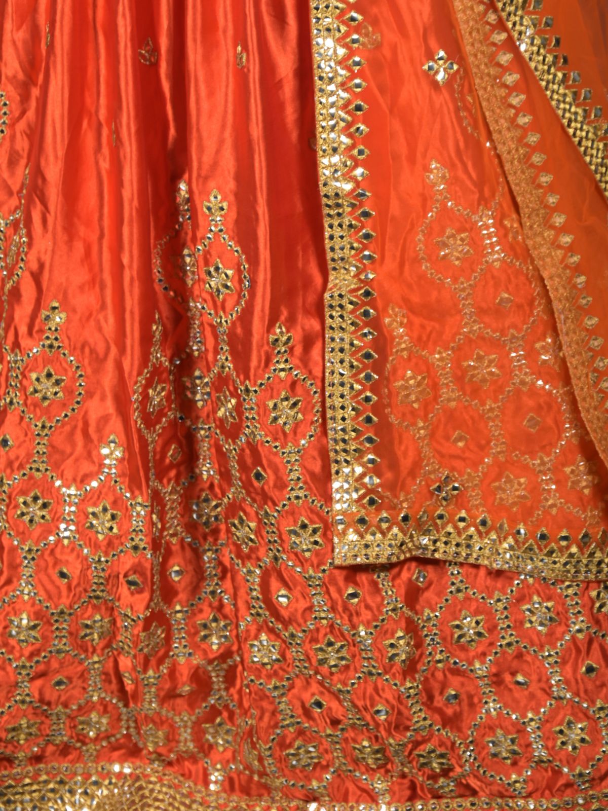 Odette Orange Satin Embroidered Semi Stitched Lehenga With Unstitched Blouse For Women