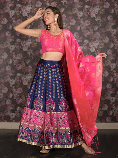 Odette Navy Blue Silk Blend Woven Semi-Stitched Lehenga with Stitched Blouse for Women