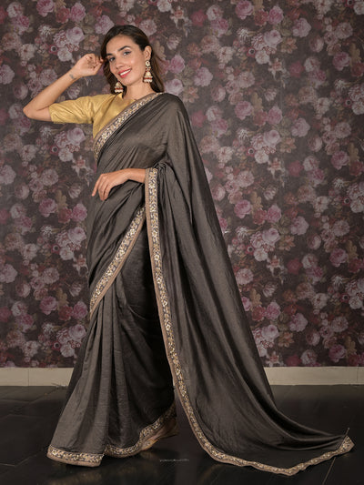 Odette Dark Grey Embroidered Crepe Saree with Unstitched Blouse for Women