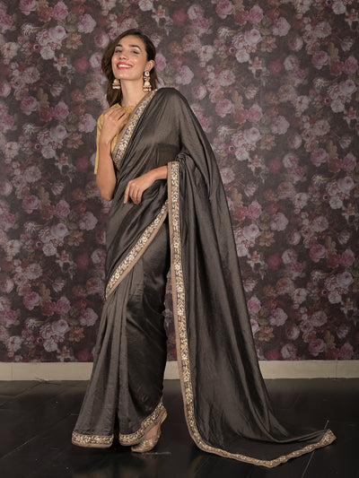 Odette Dark Grey Embroidered Crepe Saree with Unstitched Blouse for Women