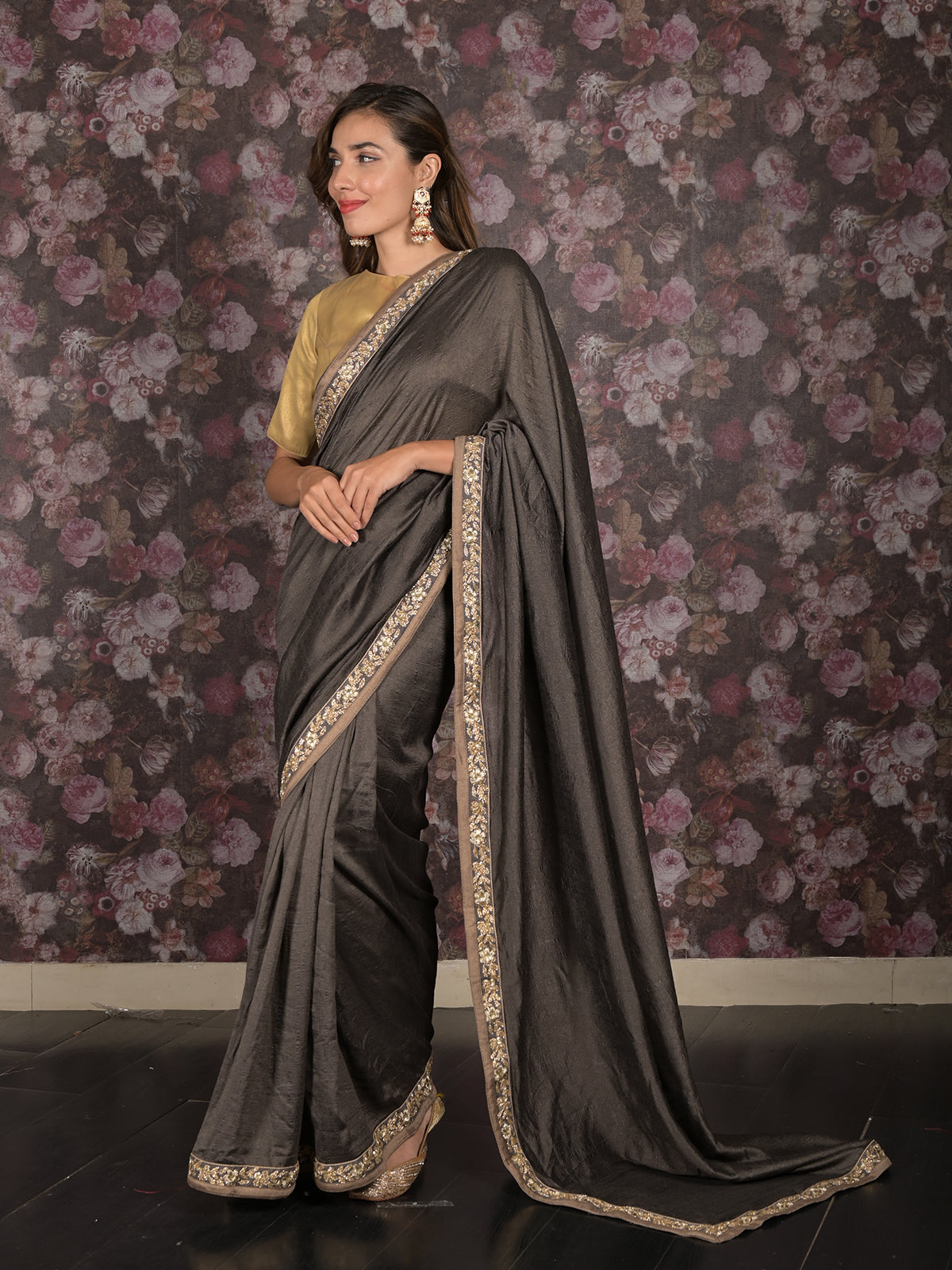 Odette Dark Grey Embroidered Crepe Saree with Unstitched Blouse for Women