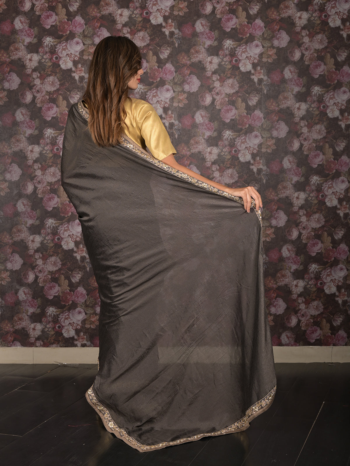 Odette Dark Grey Embroidered Crepe Saree with Unstitched Blouse for Women