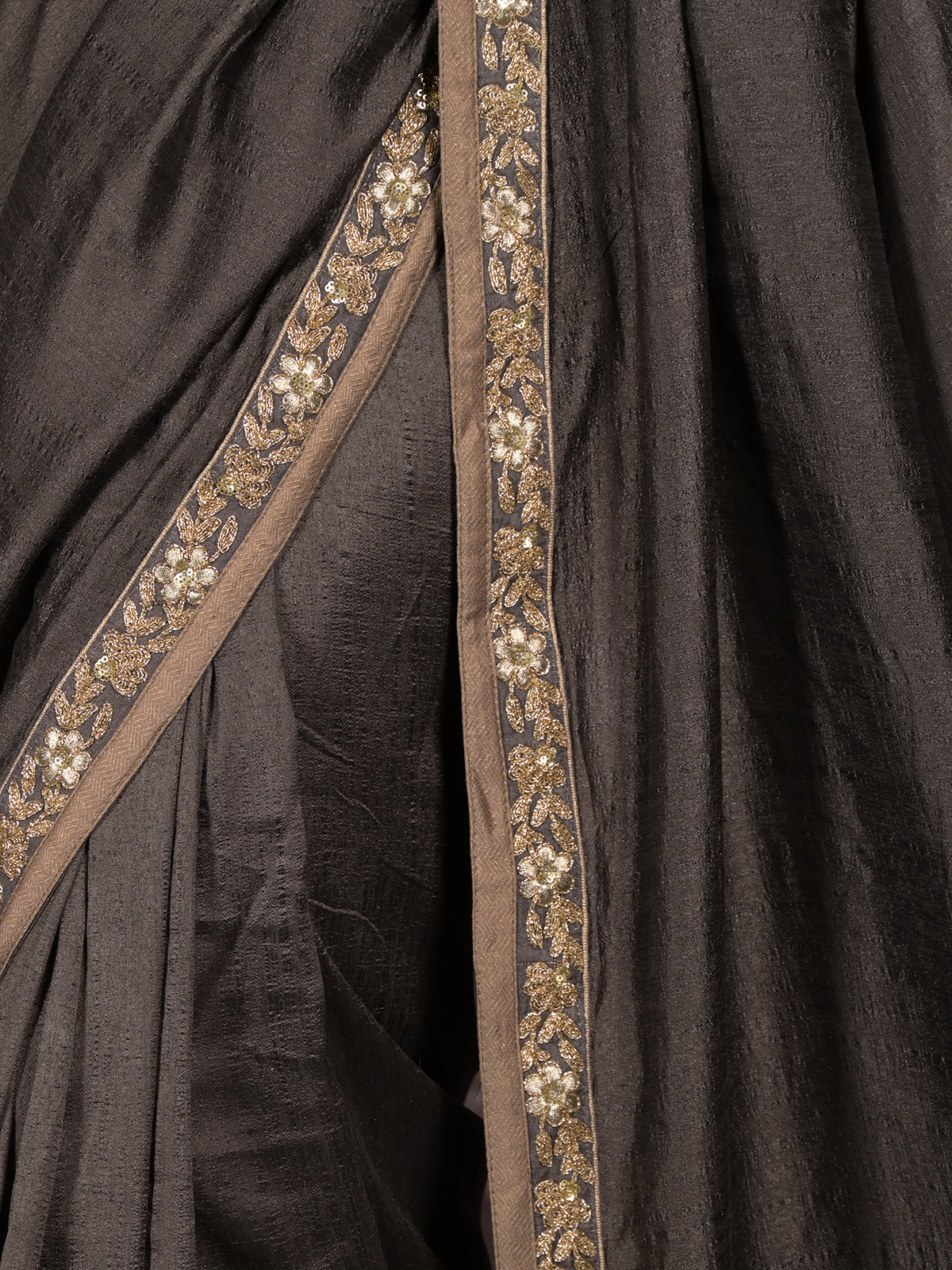 Odette Dark Grey Embroidered Crepe Saree with Unstitched Blouse for Women