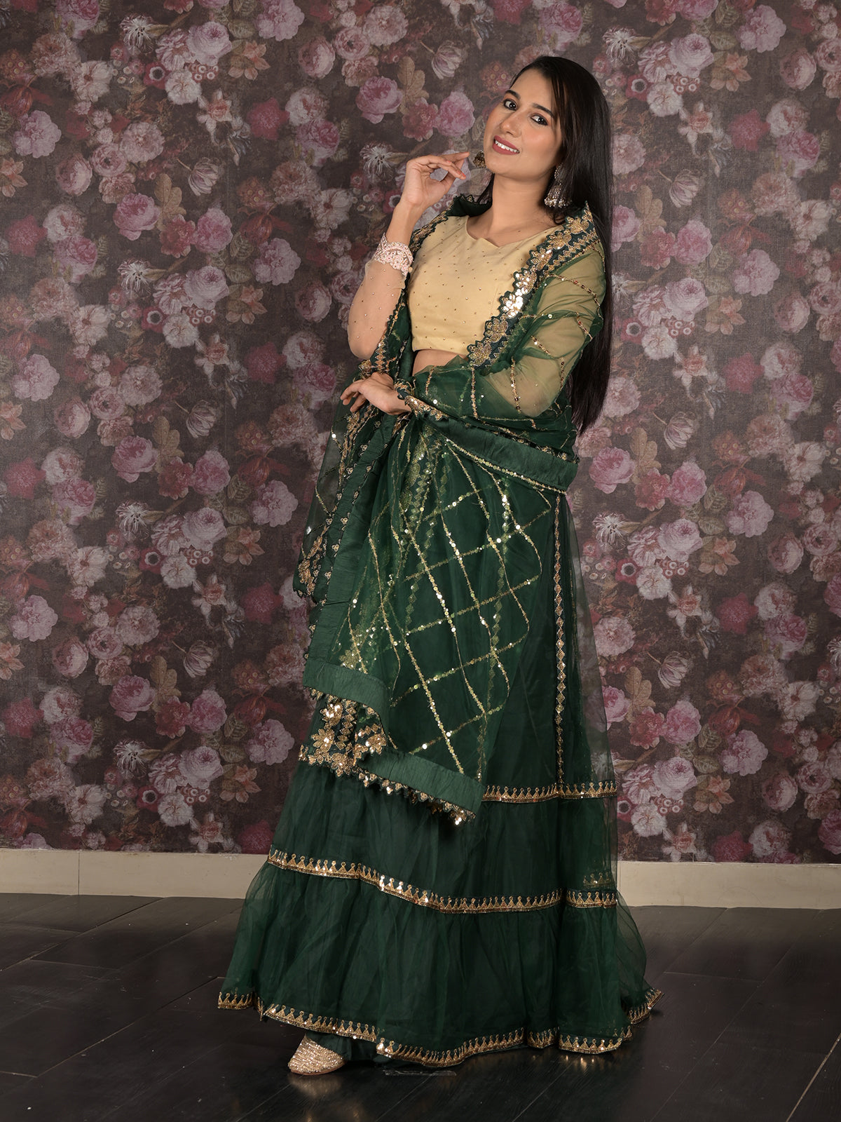 Odette Dark Green Embroidered Semi Stitched Net Lehenga Set With Dupatta And Unstitched Blouse For Women