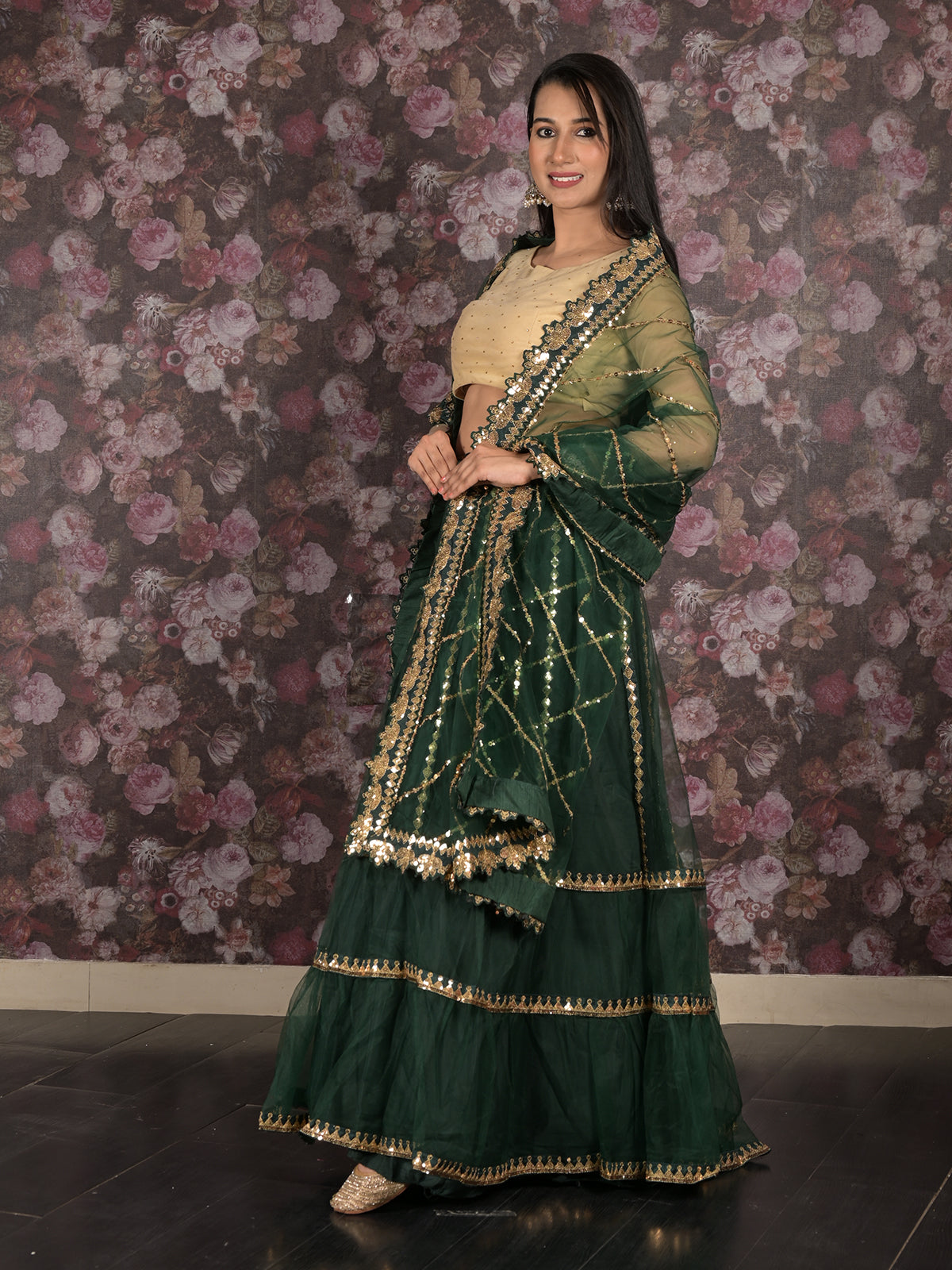 Odette Dark Green Embroidered Semi Stitched Net Lehenga Set With Dupatta And Unstitched Blouse For Women