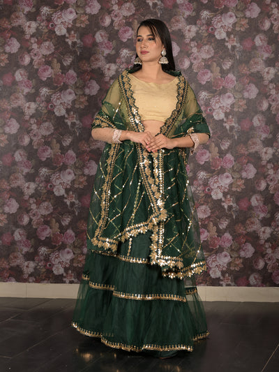 Odette Dark Green Embroidered Semi Stitched Net Lehenga Set With Dupatta And Unstitched Blouse For Women