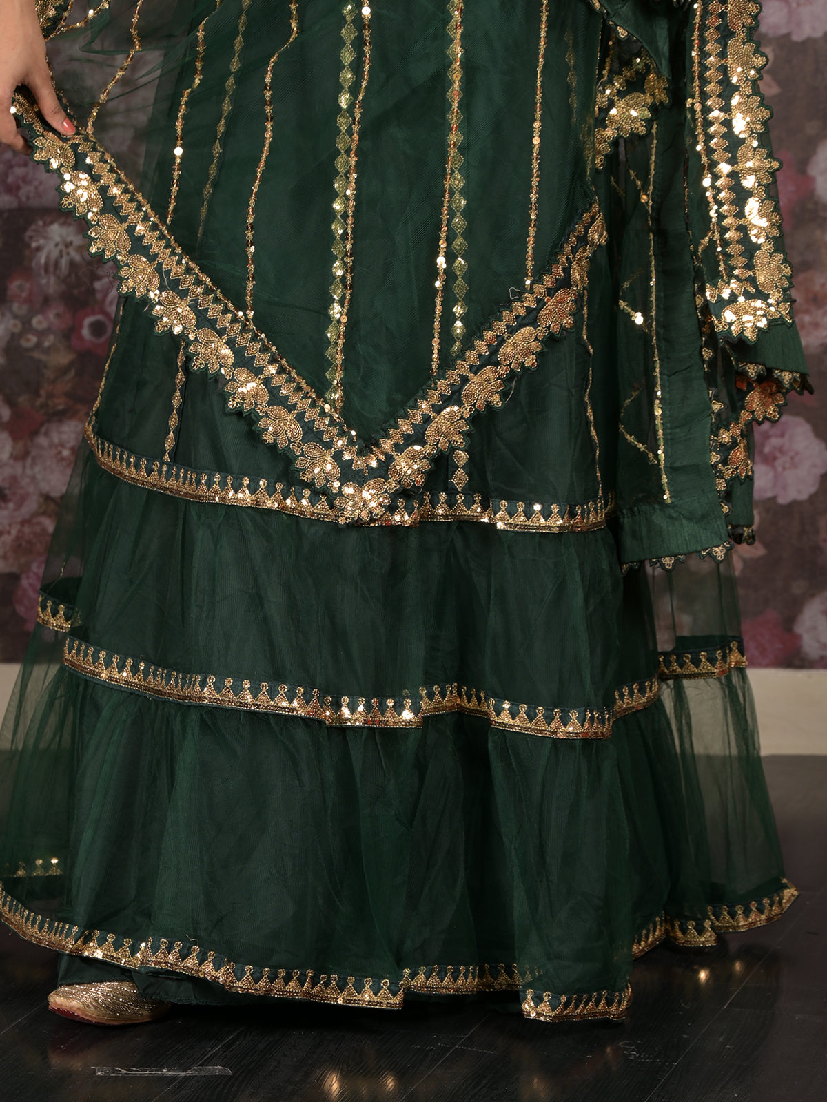 Odette Dark Green Embroidered Semi Stitched Net Lehenga Set With Dupatta And Unstitched Blouse For Women