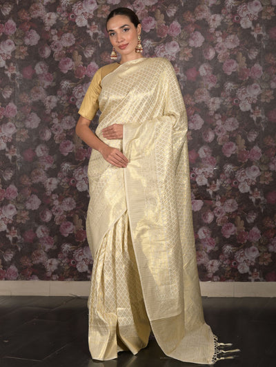 Odette Off White Gold Thread Woven Silk Blend Saree with Unstitched Blouse for Women