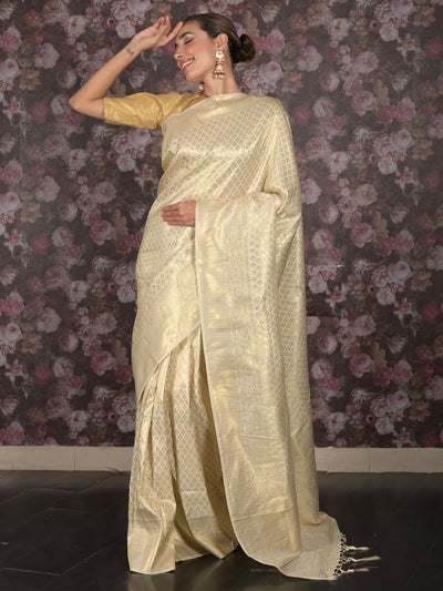 Odette Off White Gold Thread Woven Silk Blend Saree with Unstitched Blouse for Women