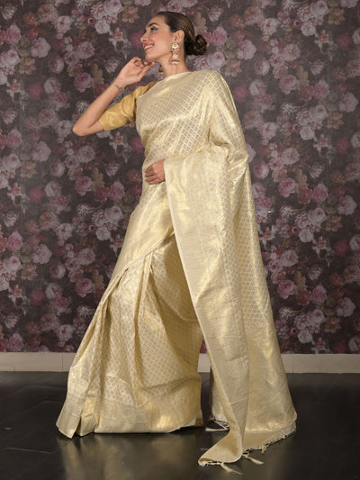 Odette Off White Gold Thread Woven Silk Blend Saree with Unstitched Blouse for Women