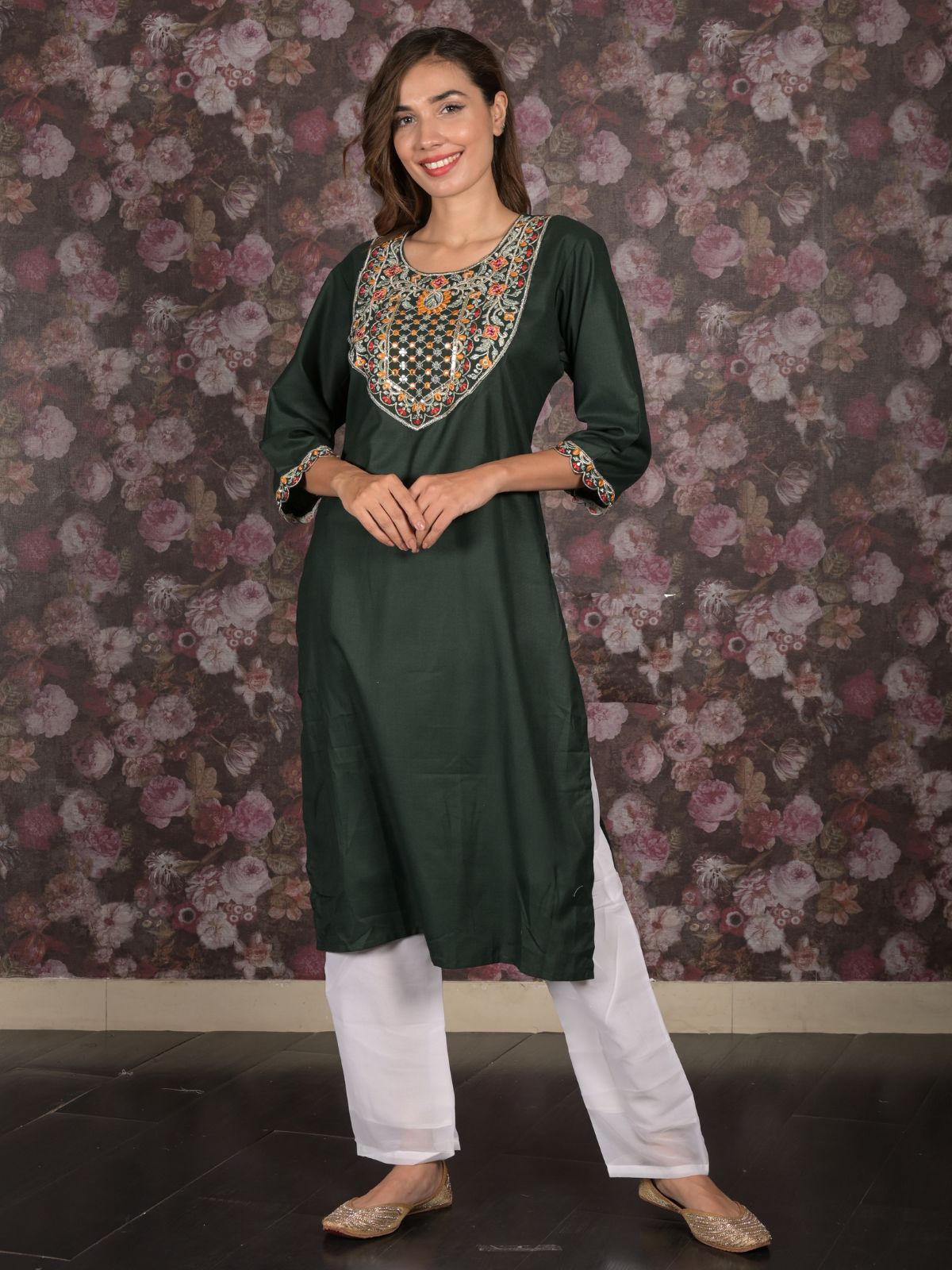 Odette Dark Green Straight Embroidered Kurta For Women