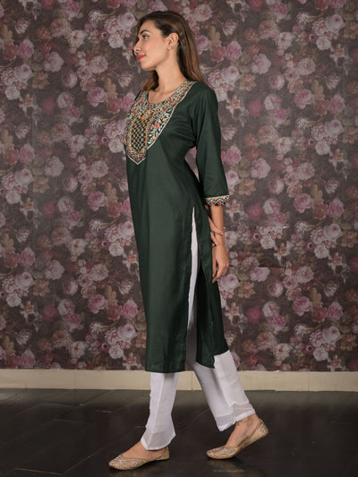 Odette Dark Green Straight Embroidered Kurta For Women