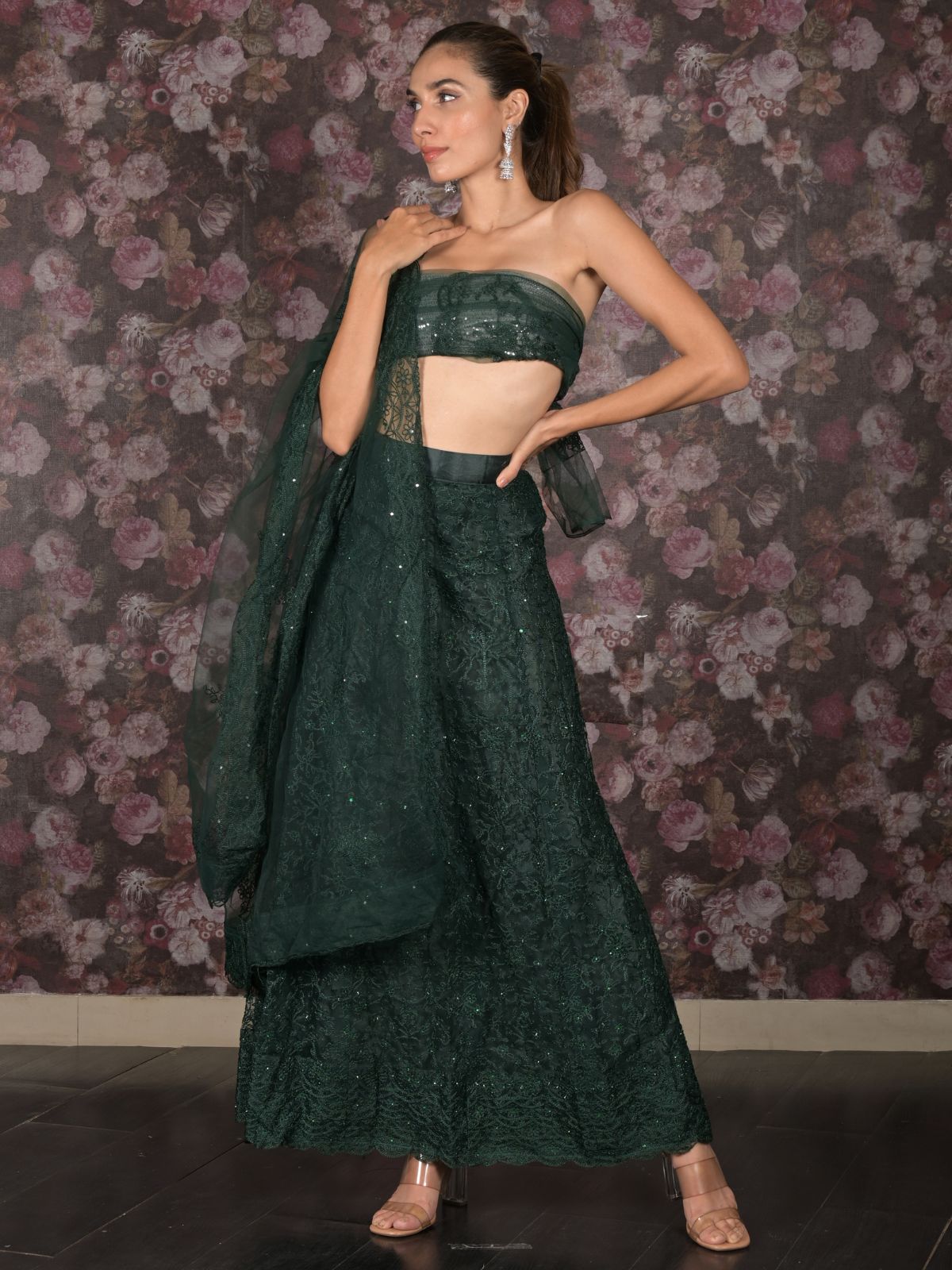 Odette Dark Green Embroidered Semi-Stitched Net Lehenga with Unstitched Blouse for Women