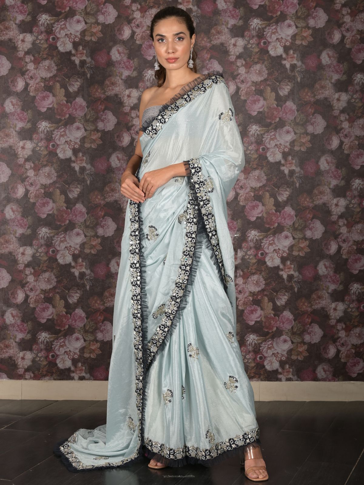 Odette Blue Mirror Embroidered Crepe Saree with Unstitched Blouse for Women