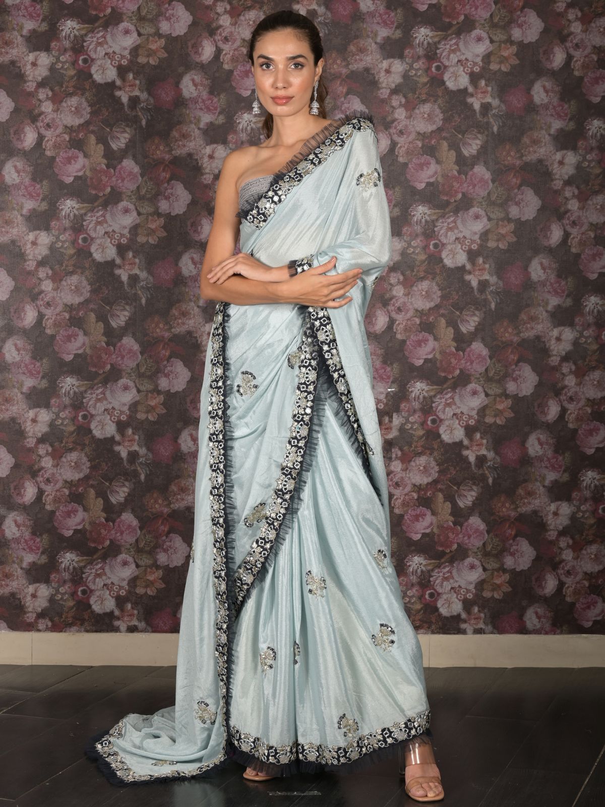 Odette Blue Mirror Embroidered Crepe Saree with Unstitched Blouse for Women