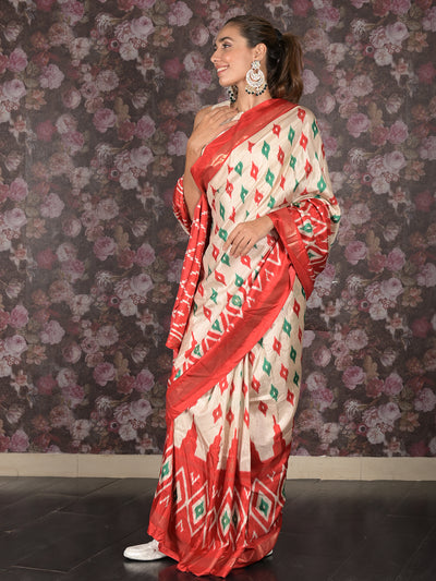 Odette Cream Printed Silk Blend Saree with Unstitched Blouse for Women