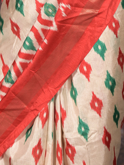 Odette Cream Printed Silk Blend Saree with Unstitched Blouse for Women