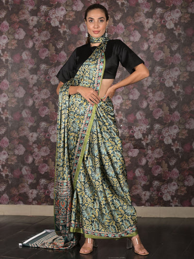 Odette Dark Green Printed Satin Saree with Unstitched Blouse for Women