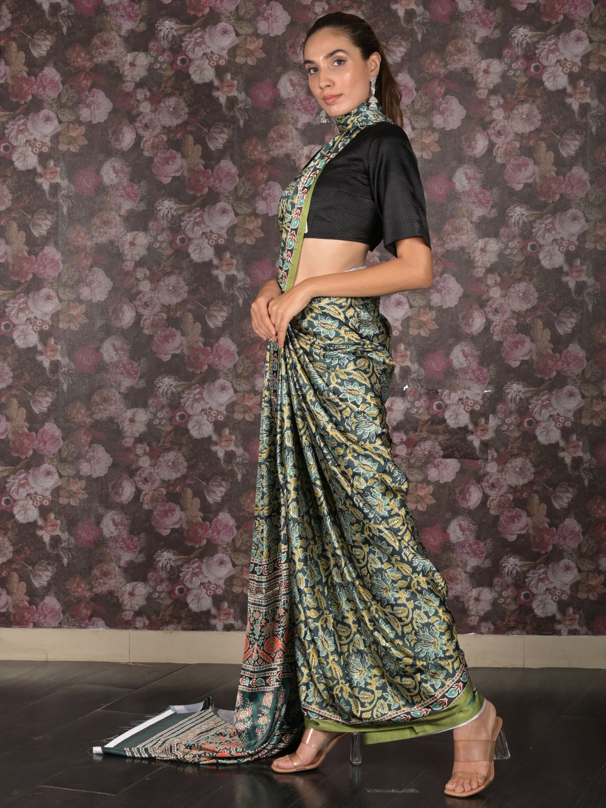 Odette Dark Green Printed Satin Saree with Unstitched Blouse for Women