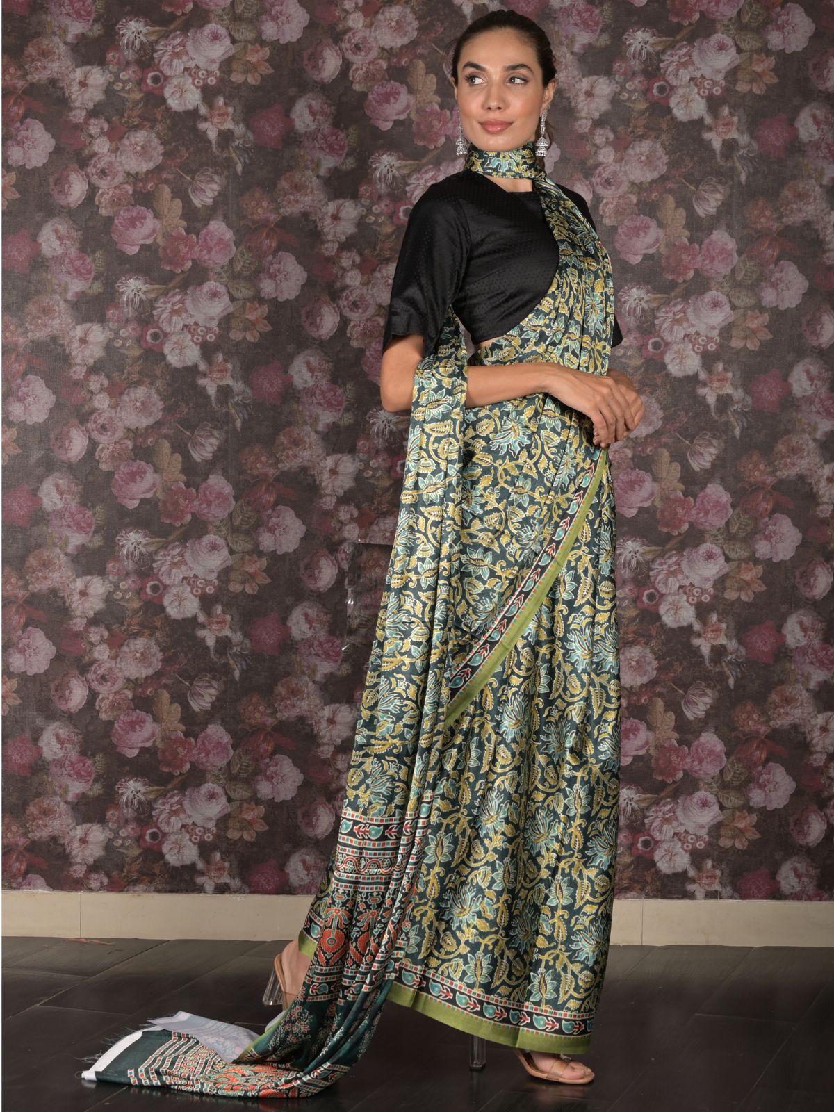 Odette Dark Green Printed Satin Saree with Unstitched Blouse for Women