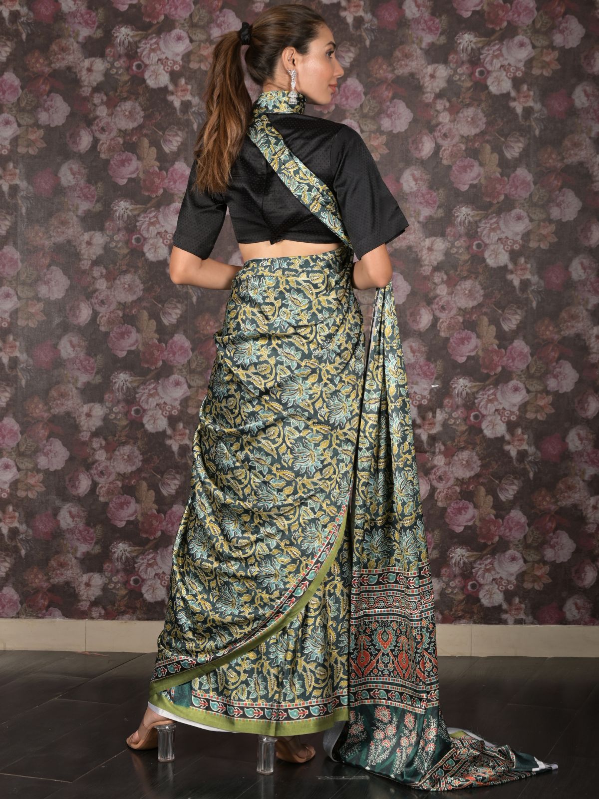 Odette Dark Green Printed Satin Saree with Unstitched Blouse for Women