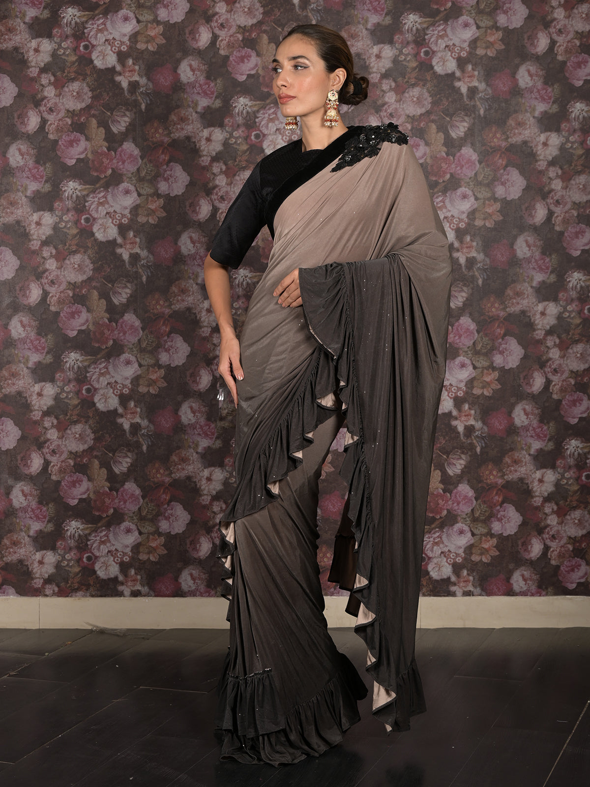 Odette Brown Embellished Lycra Ready-to-Wear Saree with Stitched Blouse for Women