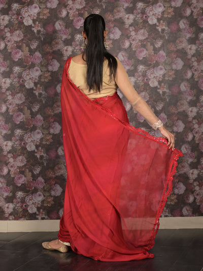 Odette Red Chiffon Embroidered Saree With Blouse Piece For Women