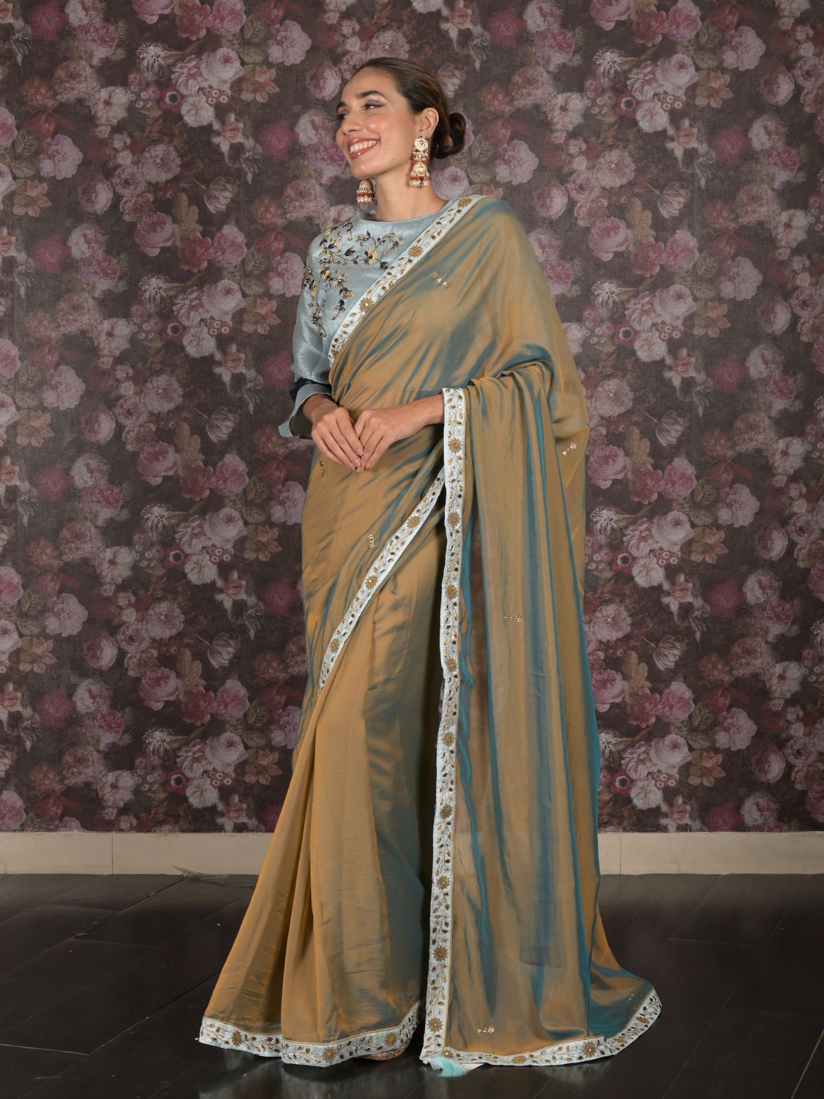 Odette Brown Blue Shaded Crepe Saree with Stitched Blouse for Women