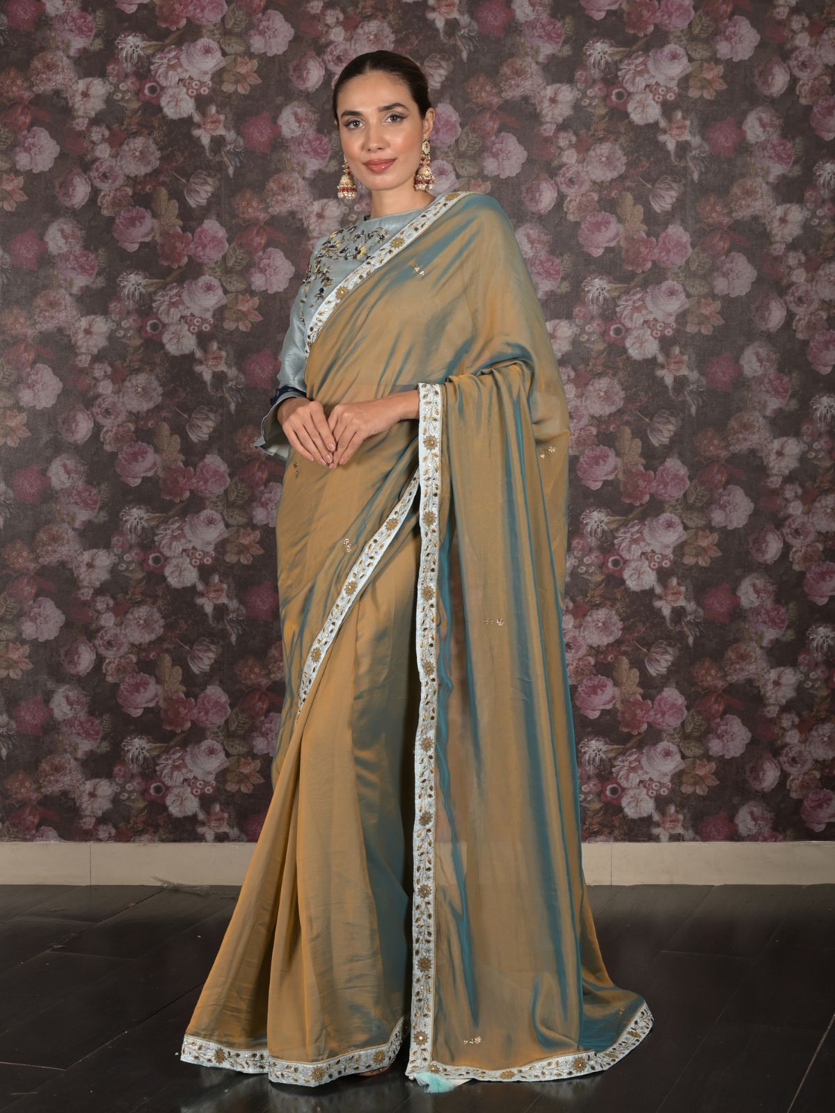 Odette Brown Blue Shaded Crepe Saree with Stitched Blouse for Women