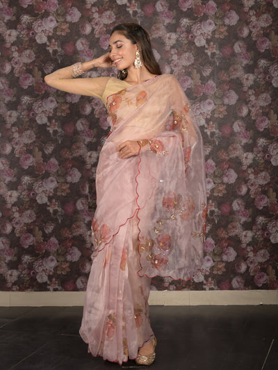 Odette Beige Beads Embroidered Floral Printed Organza Saree with Unstitched Blouse for Women