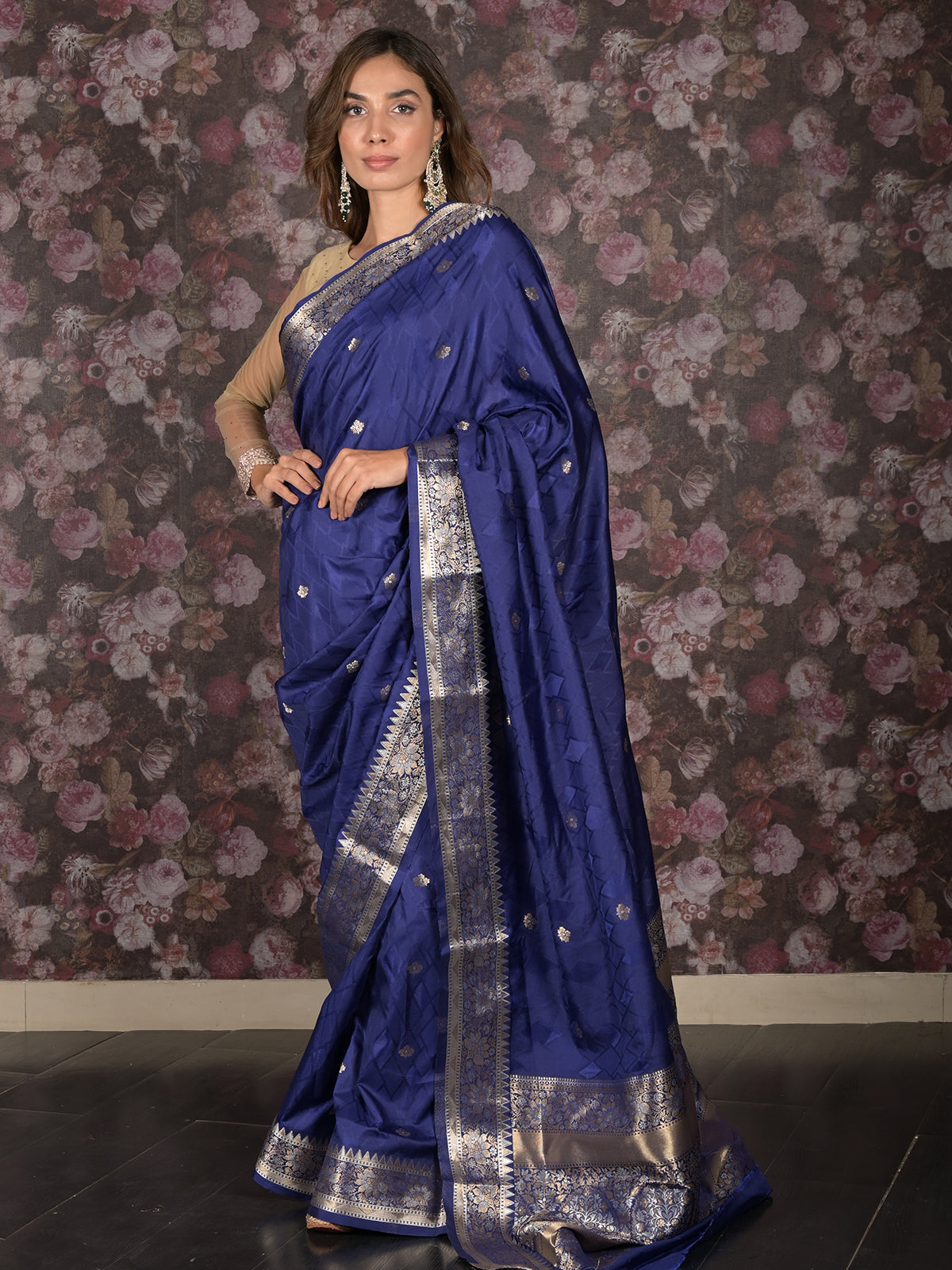 Odette Dark Blue Silk Blend Woven Brocade Saree with Unstitched Blouse