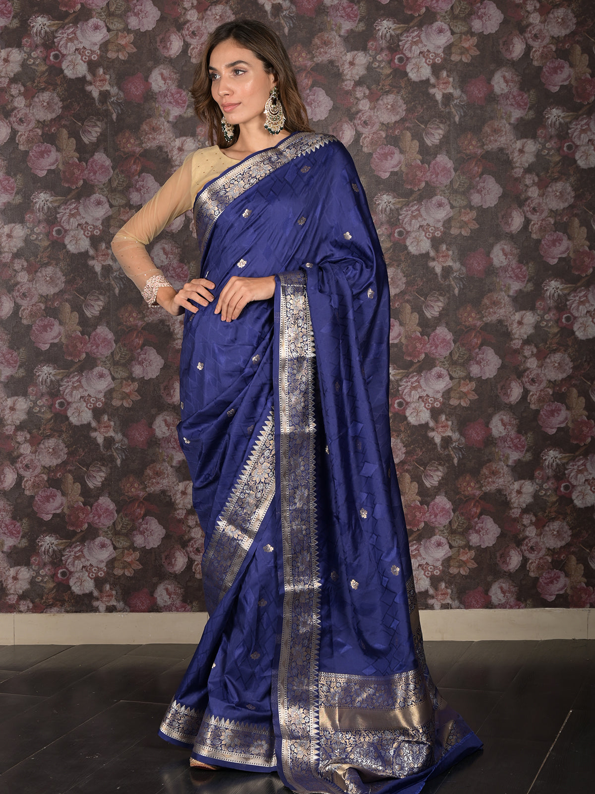 Odette Dark Blue Silk Blend Woven Brocade Saree with Unstitched Blouse