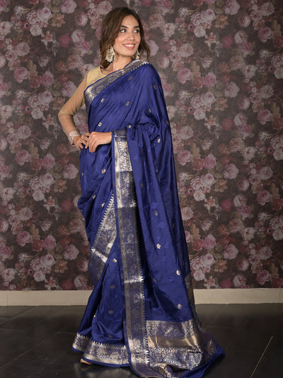 Odette Dark Blue Silk Blend Woven Brocade Saree with Unstitched Blouse