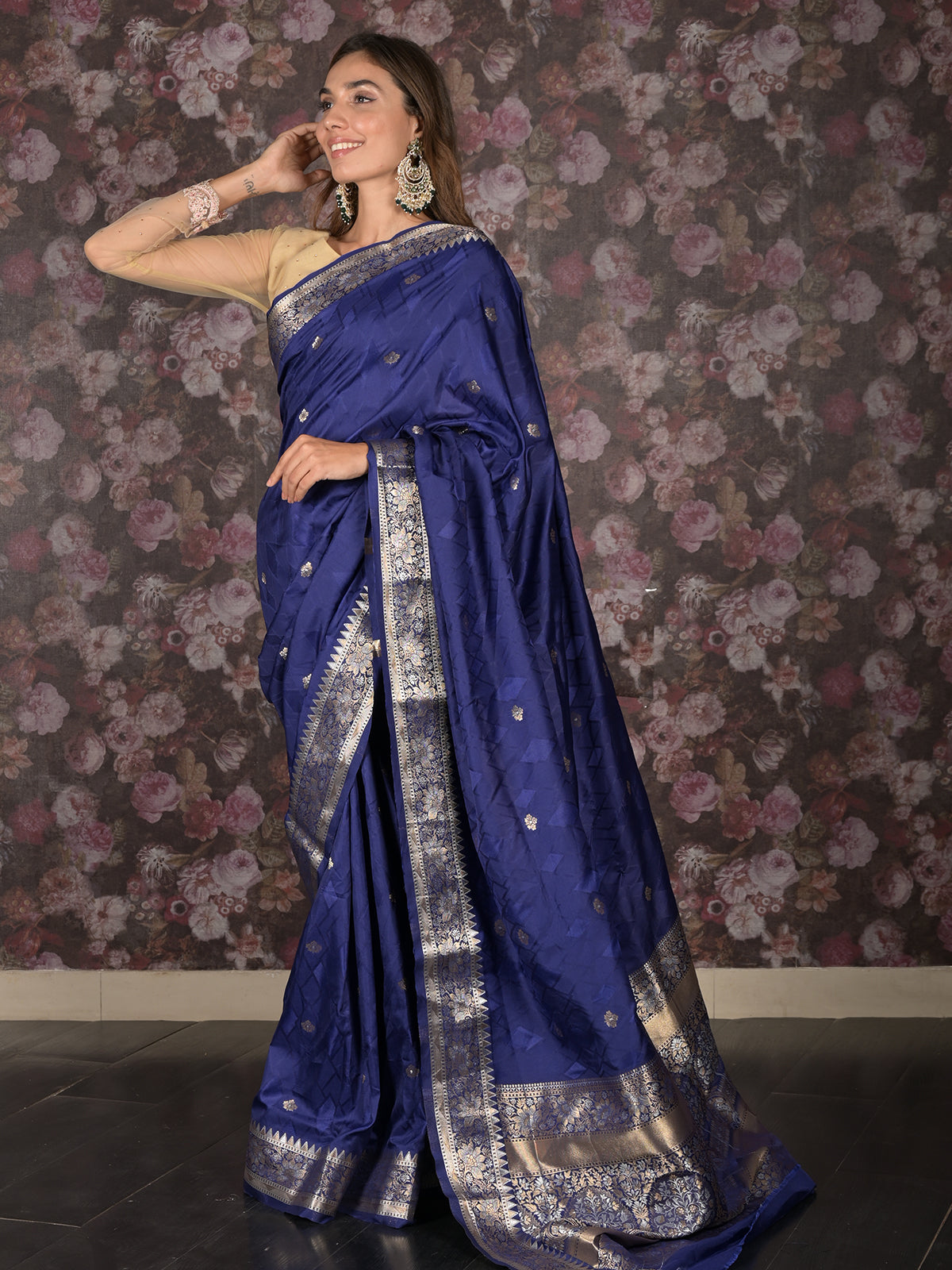 Odette Dark Blue Silk Blend Woven Brocade Saree with Unstitched Blouse