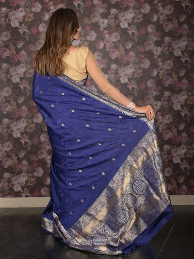 Odette Dark Blue Silk Blend Woven Brocade Saree with Unstitched Blouse