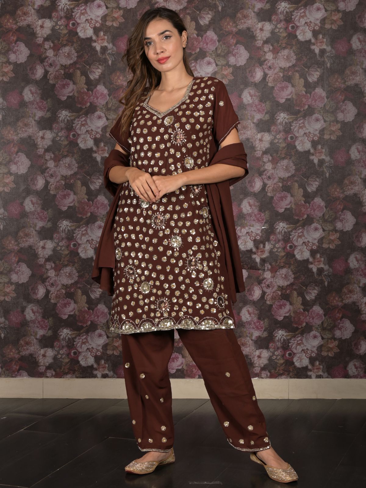 Odette Brown Sequins Embroidered Semi Stitched Kurta Set With Dupatta For Women