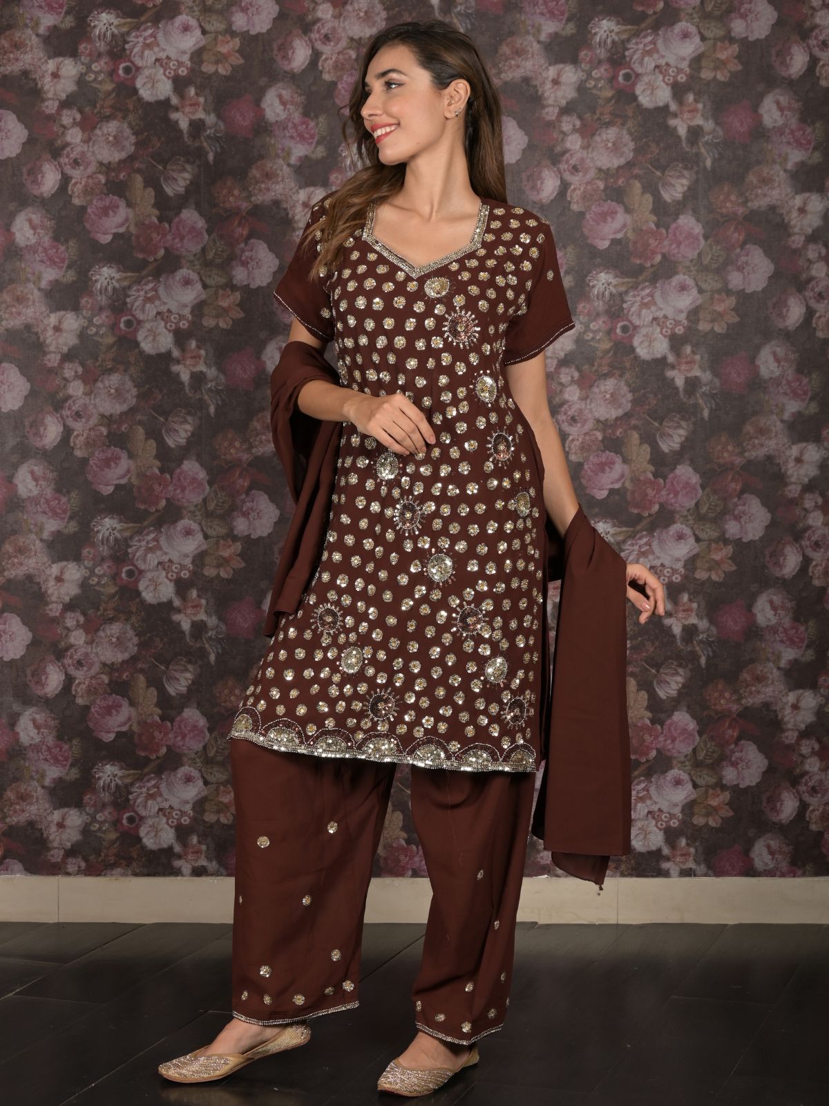 Odette Brown Sequins Embroidered Semi Stitched Kurta Set With Dupatta For Women