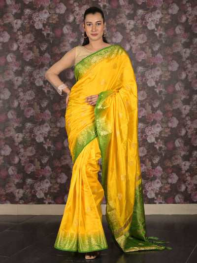 Odette Yellow Cotton Blend Woven Saree with Unstitched Blouse for Women