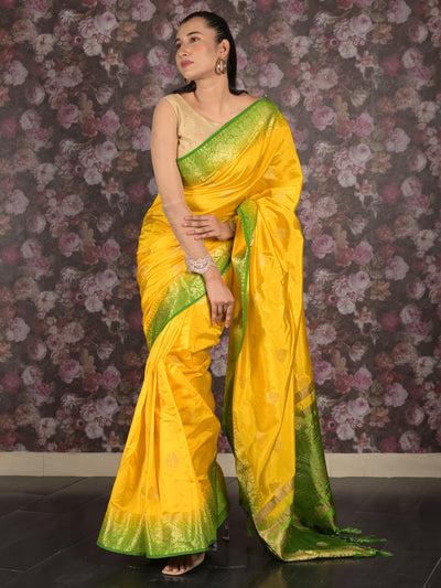 Odette Yellow Cotton Blend Woven Saree with Unstitched Blouse for Women