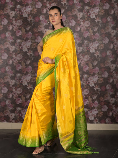 Odette Yellow Cotton Blend Woven Saree with Unstitched Blouse for Women