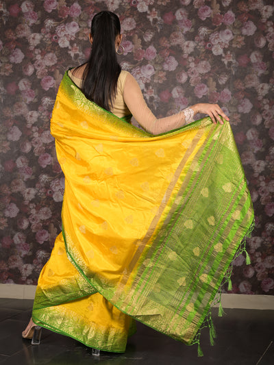 Odette Yellow Cotton Blend Woven Saree with Unstitched Blouse for Women