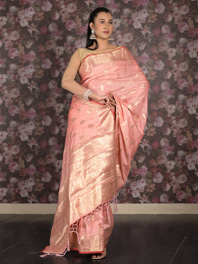 Odette Light Pink Woven Silk Blend Saree With Unstitched Blouse For Women