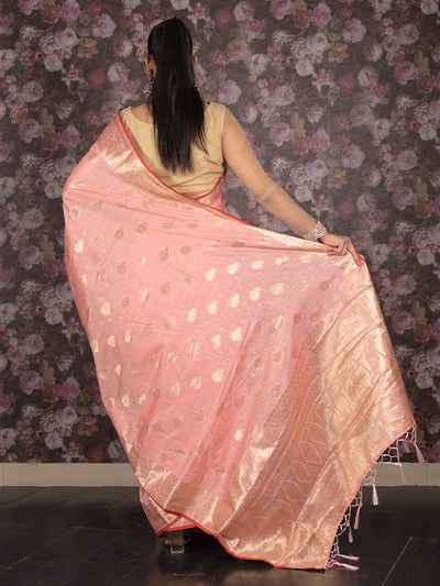 Odette Light Pink Woven Silk Blend Saree With Unstitched Blouse For Women