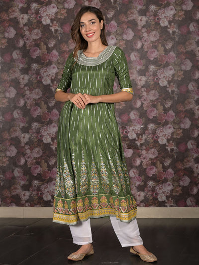 Odette Dark Green Flared Embroidered Stitched Kurta For Women