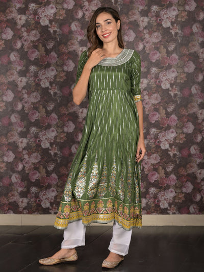 Odette Dark Green Flared Embroidered Stitched Kurta For Women