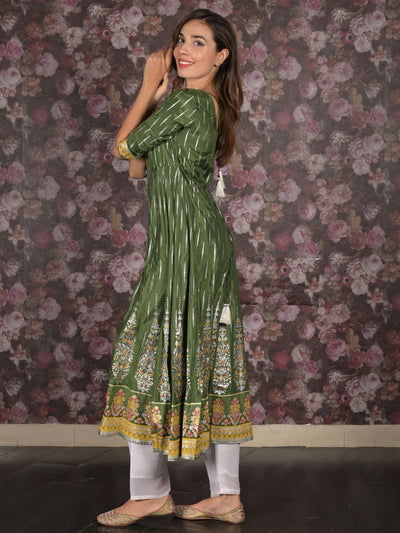 Odette Dark Green Flared Embroidered Stitched Kurta For Women