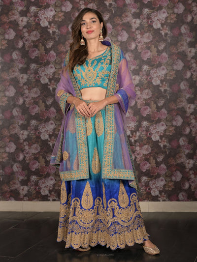 Odette Blue Zari Embroidered Stitched Silk Blend Lehenga with Stitched Blouse for Women