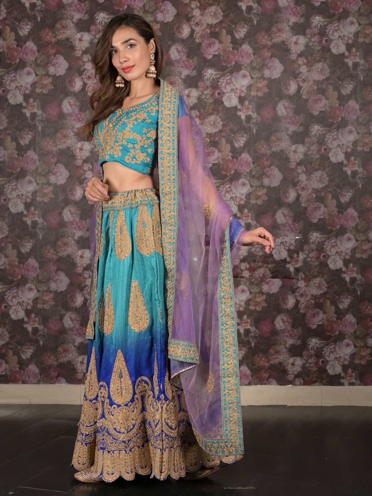 Odette Blue Zari Embroidered Stitched Silk Blend Lehenga with Stitched Blouse for Women