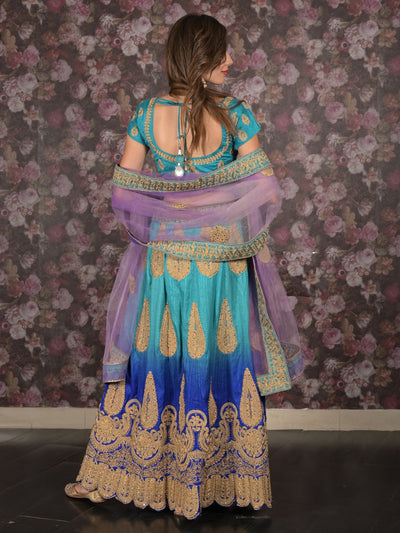 Odette Blue Zari Embroidered Stitched Silk Blend Lehenga with Stitched Blouse for Women